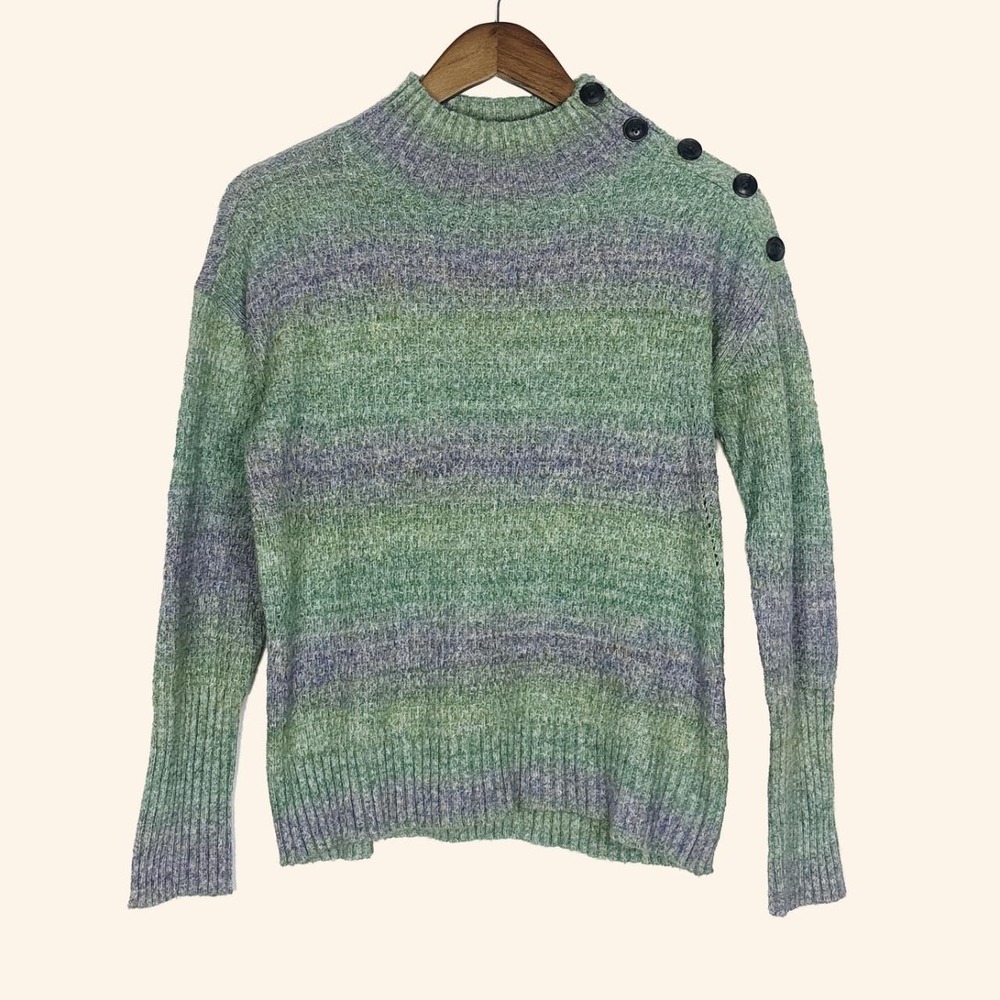 Talbots Green & Purple Marled Mock Neck Button Shoulder Sweater
